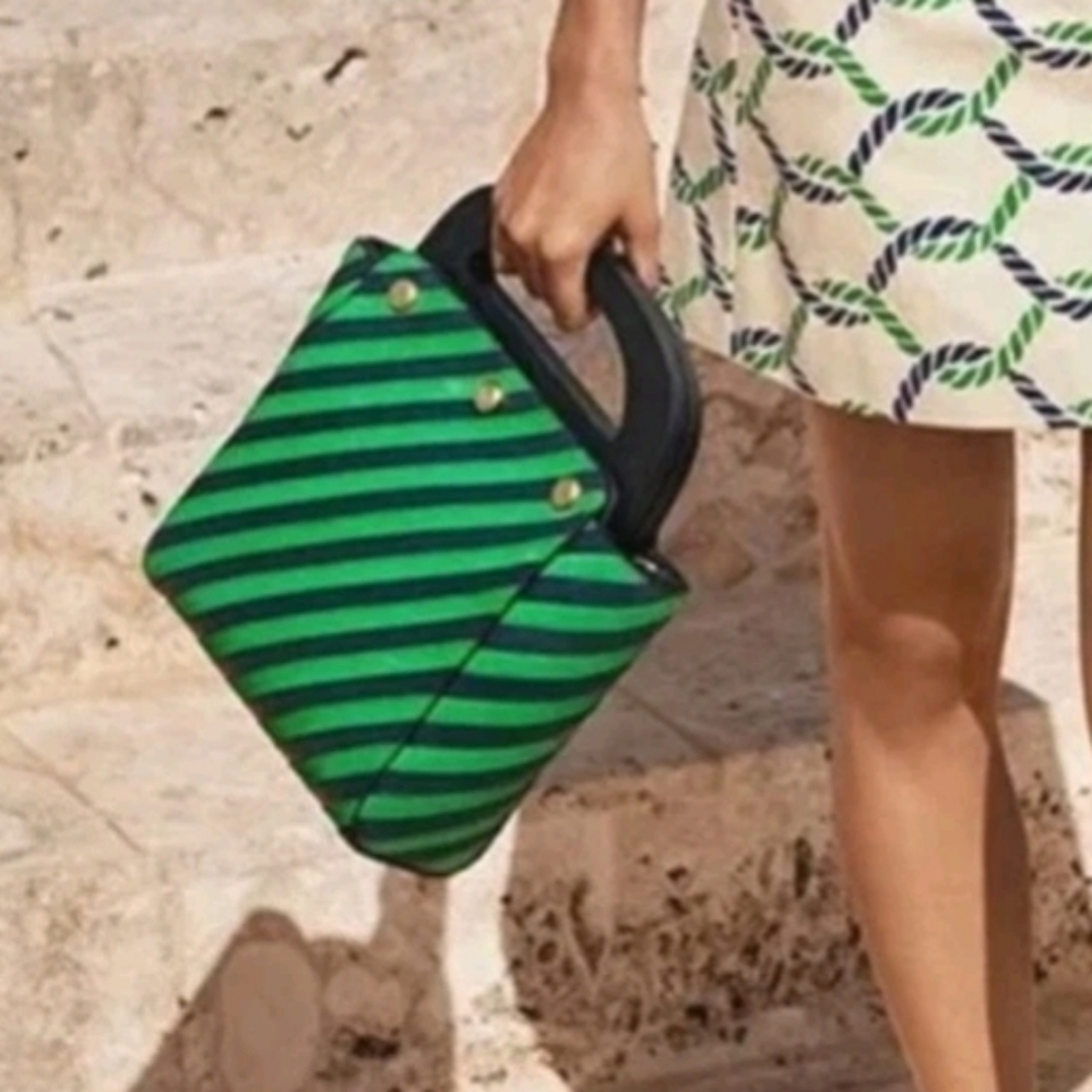 Tory Burch Leather Green And Navy Striped Clutch Bag